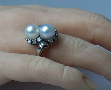 Perlenring mit Diamantenhalo, 585er Weißgold, Ringgröße 61, Gewicht: 8,5g