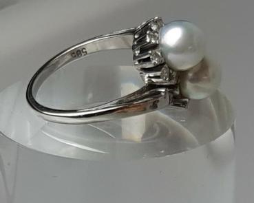 Preview: Perlenring mit Diamantenhalo, 585er Weißgold, Ringgröße 61, Gewicht: 8,5g
