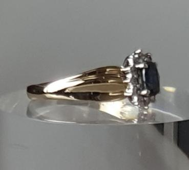 Preview: Saphirring mit 1.0 ct. aus 585er Gold umringt von 12 Diamanten mit 0.12 ct., Größe 59, Gewicht: 4,0g
