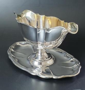 Antiksilber: Große Sauciere mit Unterschale und Innenvergoldung, 800er Silber, Koch & Bergfeld, Gewicht: 405,5g