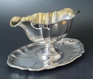 Antiksilber: Große Sauciere mit Unterschale und Innenvergoldung, 800er Silber, Koch & Bergfeld, Gewicht: 405,5g