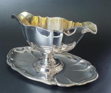 Antiksilber: Große Sauciere mit Unterschale und Innenvergoldung, 800er Silber, Koch & Bergfeld, Gewicht: 405,5g