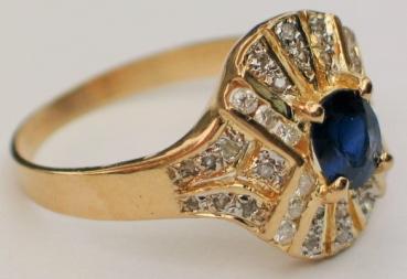 Saphir- Diamantring 0.50 ct. aus 585er Gelbgold, Größe 57, Gewicht: 3,8g