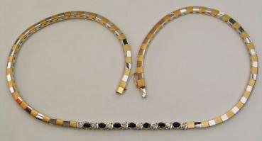 Bicolor Schmuckcollier mit Diamanten 0.40 ct. und Saphiren aus 750er Gold, Gewicht: 38,5g