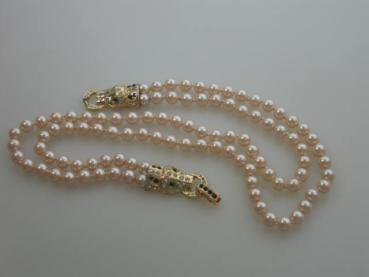 Zweireihiges Perlencollier mit wunderschönem Verschluss Schmucksteinbesatz, 42 cm
