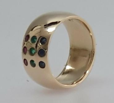 Rubin/Saphir/Samaragd- Ring aus 750er Gold, Gr. 61, Gewicht: 12,9g