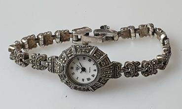 Vintage Markasiten Schmuckuhr aus 925er Sterlingsilber -defekt-, Gewicht: 33,4g