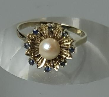 Perlenring mit Saphiren, 585er Gold, Größe 61, Gewicht: 3,7g