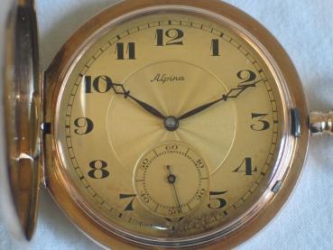 Sehr gut erhaltene Savonette Taschenuhr von Alpina, 585er Gold Gewicht: ca. 94,0g