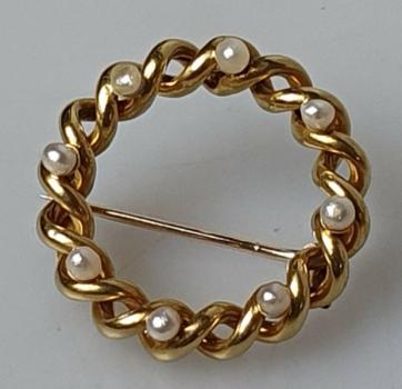 Preview: Antik: Jugendstil Rundbrosche mit Saatperlen aus 875er Gold (21 kt), Gewicht: 4,0g