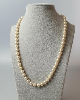 Perlenkette mit 750er Weißgoldverschluss und Rubinbesatz. Länge: 50,0 cm, Gewicht: 37,1g