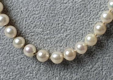 Preview: Perlenkette mit 750er Weißgoldverschluss und Rubinbesatz. Länge: 50,0 cm, Gewicht: 37,1g