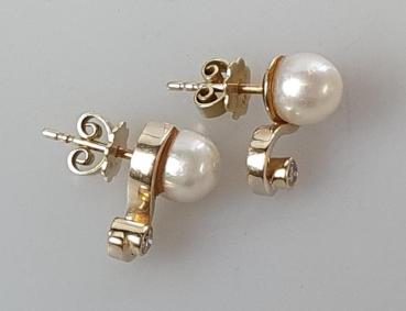 Perlen Diamant Ohrstecker aus 585er Gold, Gewicht: 4,5g