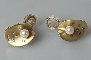Handarbeit Mattierte Perlen Diamant Ohrclips aus 585er Gold, Gewicht: 12,1g