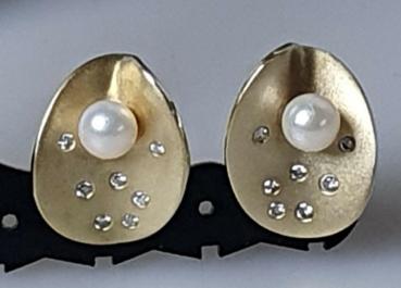 Handarbeit Mattierte Perlen Diamant Ohrclips aus 585er Gold, Gewicht: 12,1g
