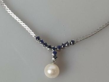 Preview: Edles Saphir/ Perlencollier, 585er Weissgold, Länge 44,5 cm, Gewicht: 19,2g