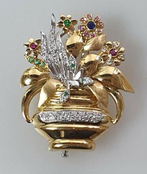 Handarbeit: Edelstein Brosche -Blumenkorb- Diamant, Rubin,Saphir,Smaragd 750er Gold, Gewicht: 19,8g