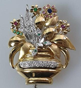 Handarbeit: Edelstein Brosche -Blumenkorb- Diamant, Rubin,Saphir,Smaragd 750er Gold, Gewicht: 19,8g