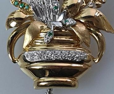 Preview: Handarbeit: Edelstein Brosche -Blumenkorb- Diamant, Rubin,Saphir,Smaragd 750er Gold, Gewicht: 19,8g