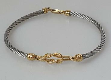 Preview: Edelstahl Seilarmband mit 750er Goldelementen und Karabinerverschluss