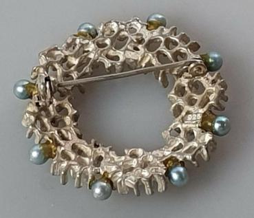 Vintage Rundbrosche mit Perlenbesatz aus 925er Sterlingsilber, Gewicht: 13,8g