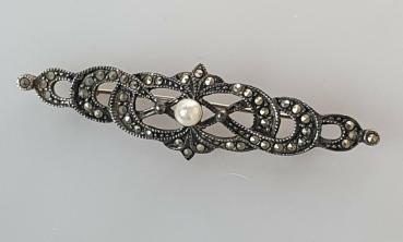 Vintage Brosche mit Perle und Markasiten aus 925er Sterlingsilber, Gewicht: 7,1g
