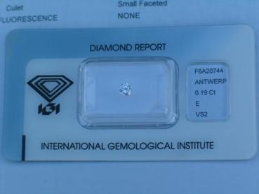 Diamant im Brillantschliff 0.19 ct / E / VS2 / IGI Report