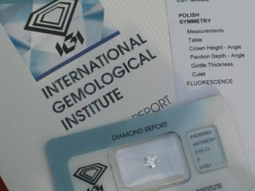 Preview: Diamant im Brillantschliff "F", 0.65 ct. VVS1 mit IGI Report