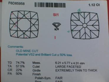 Preview: Diamant im Old Mine Cut, 1.12 ct. mit IGI Kurzgutachten: I/SI1/ Potential zum VS2 im Brillantschliff bei + / - 50% Verlust