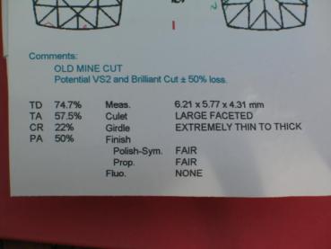Preview: Diamant im Old Mine Cut, 1.12 ct. mit IGI Kurzgutachten: I/SI1/ Potential zum VS2 im Brillantschliff bei + / - 50% Verlust