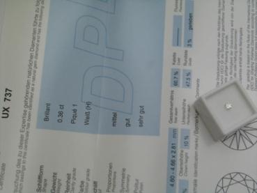 Preview: Diamant im Brillantschliff. 0.36 ct / P1 Farbe: H, Schliff: F/ G/ VG incl. DPL Report Idar-Oberstein
