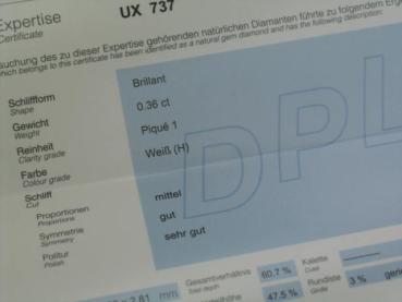 Preview: Diamant im Brillantschliff. 0.36 ct / P1 Farbe: H, Schliff: F/ G/ VG incl. DPL Report Idar-Oberstein