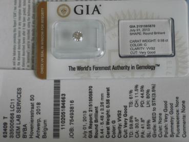Preview: Diamant im Brillantschliff "G" 0.58 ct / VVS2 mit GIA Report, Laser Inscription Registry