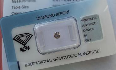 Diamant im Brillantschliff 0.30 ct/ SI1/ H/ 3x Excellent! mit IGI Report, Lasergravur
