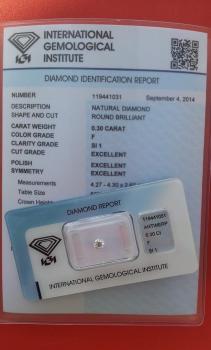 Diamant im Brillantschliff 0.30 ct, 3x Excellent! mit IGI Report, Lasergravur