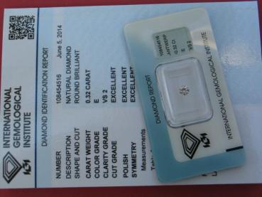 Diamant im Brillantschliff 0.32 ct, 3x Excellent! mit IGI Report, Lasergravur