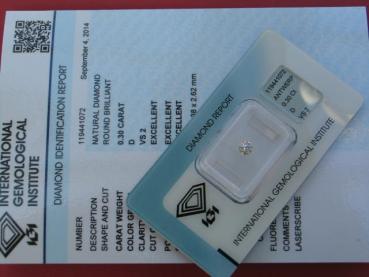 Diamant im Brillantschliff 0.30 ct, 3x Excellent! mit IGI Report, Lasergravur