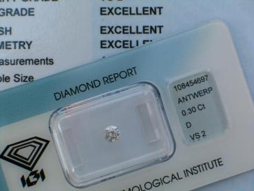 Diamant im Brillantschliff 0.30 ct, 3x Excellent! mit IGI Report, Lasergravur