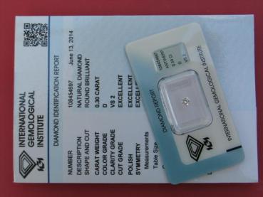 Diamant im Brillantschliff 0.30 ct, 3x Excellent! mit IGI Report, Lasergravur