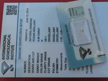 Preview: Diamant im Brillantschliff 0.40 ct, 3x Excellent! mit IGI Report, Lasergravur