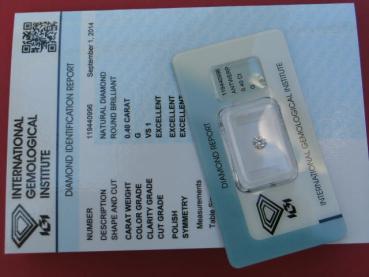 Preview: Diamant im Brillantschliff 0.40 ct, 3x Excellent! mit IGI Report, Lasergravur