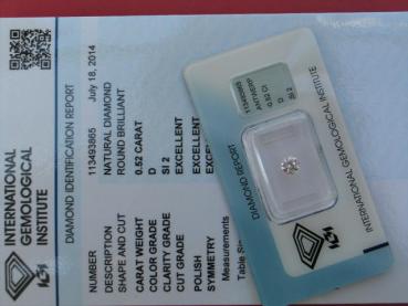 Preview: Diamant im Brillantschliff 0.52 ct, 3x Excellent! mit IGI Report, Lasergravur -
