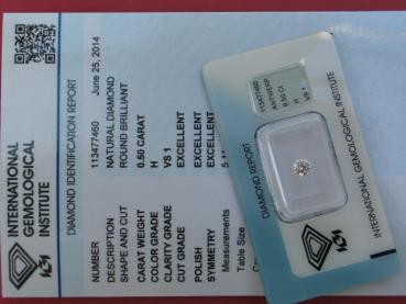 Preview: Diamant im Brillantschliff 0.50 ct, 3x Excellent! mit IGI Report, Lasergravur