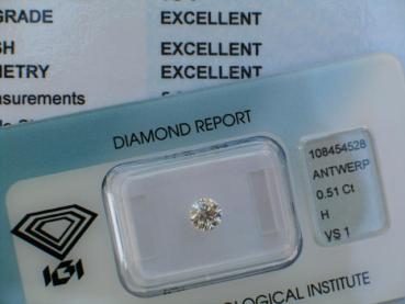 Diamant im Brillantschliff 0.51 ct, 3x Excellent! mit IGI Report, Lasergravur