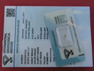 Diamant im Brillantschliff 0.51 ct, 3x Excellent! mit IGI Report, Lasergravur