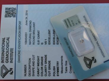 Preview: Diamant im Brillantschliff 0.51 ct, 3x Excellent! mit IGI Report, Lasergravur