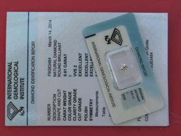 Diamant im Brillantschliff 0.61 ct, 3x Excellent! mit IGI Report, Lasergravur