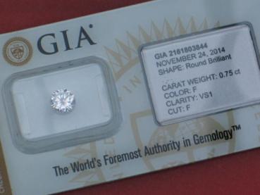 Preview: Diamant im Brillantschliff 0.75 ct. Color F, Clarity: VS1 mit GIA Report, Laser Inscription
