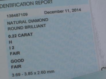 Diamant im Brillantschliff 0.22 ct/ H/ I2/ F/ G/ F/ N mit IGI Report