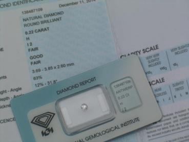 Diamant im Brillantschliff 0.22 ct/ H/ I2/ F/ G/ F/ N mit IGI Report